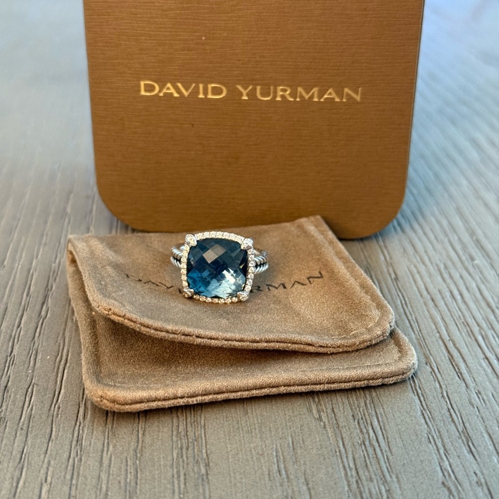 David Yurman 14mm Chatelaine Pave Hampton Blue Topaz Ring Size 8